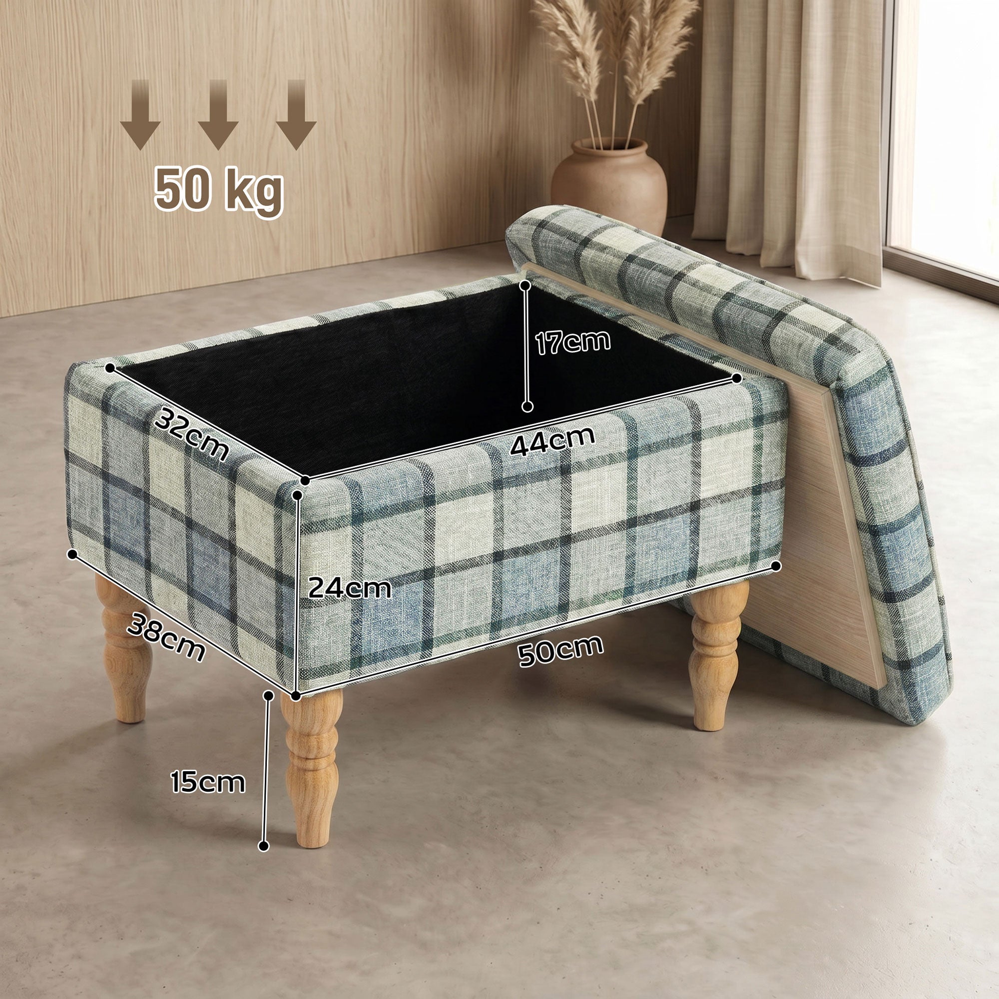 Linen Fabric Upholstered Footstool, Rectangular Storage Stool with Removable Top, Padded Seat and Hidden Space, Grey