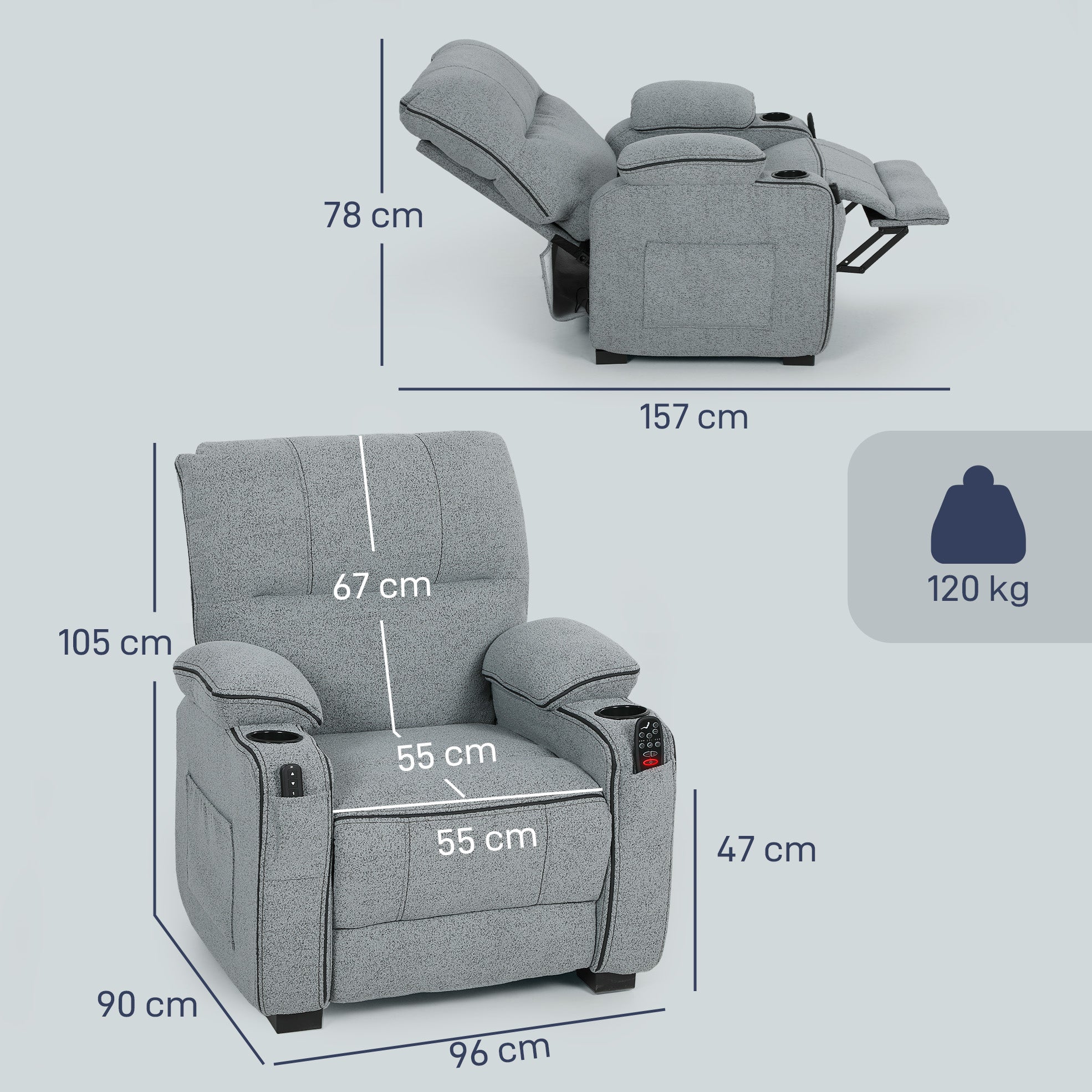 Electric Massage Recliner Armchair with Vibration, Heat, Whisper-Quiet Motor, Memory Function, Velvet Power Reclining Chair with Spring Pack, USB Port, Footrest, Side Pockets, Cup Holders, Grey
