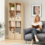 6-Tier Bookcase, Tall Narrow Bookshelf with Drawer and Door - Natural Wood Finish