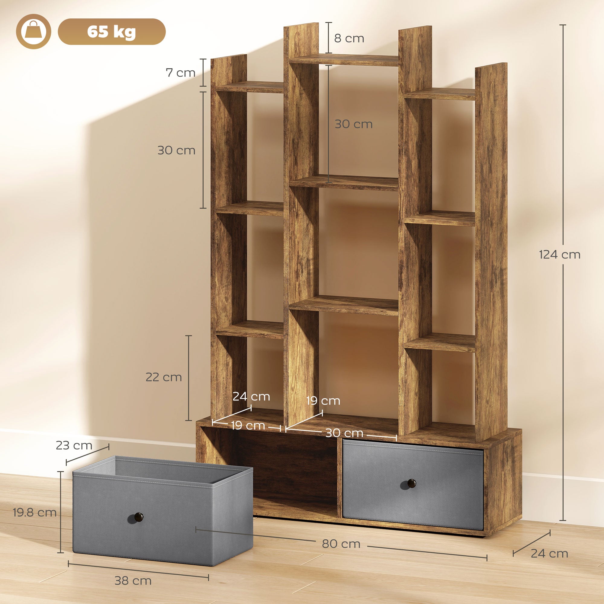 12 Shelf Storage Unit, with Drawers - Brown