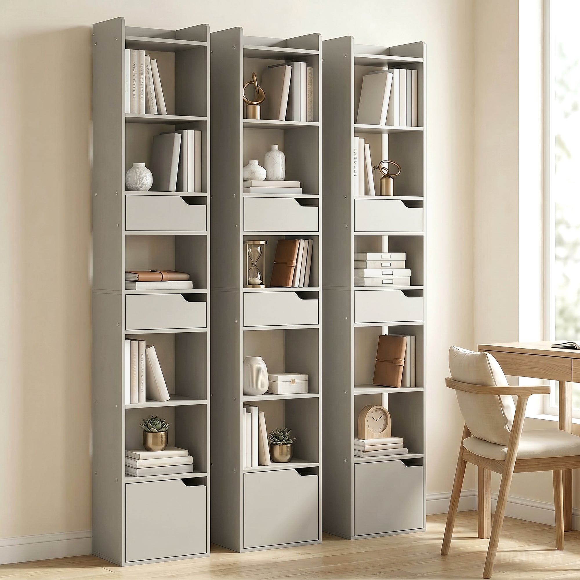 Bookcase Tall Narrow with 5 Tiers and Drawers Freestanding Bookshelf Storage Cabinet for Living Room Grey