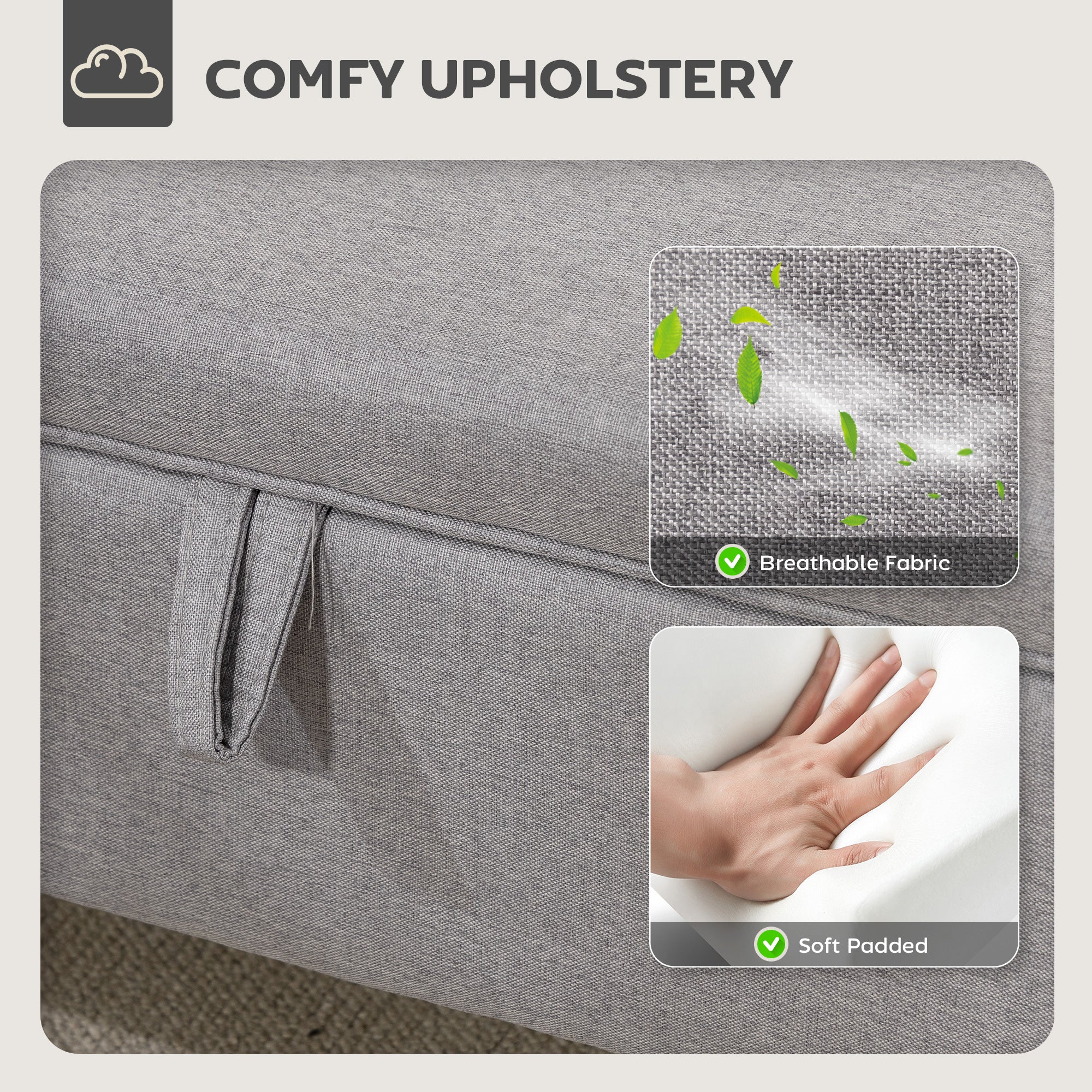 16L Linen Storage Ottoman Padded Footstool with Rubberwood Legs for Storage Box, Bed End, Shoe Bench, Seating, Light Grey