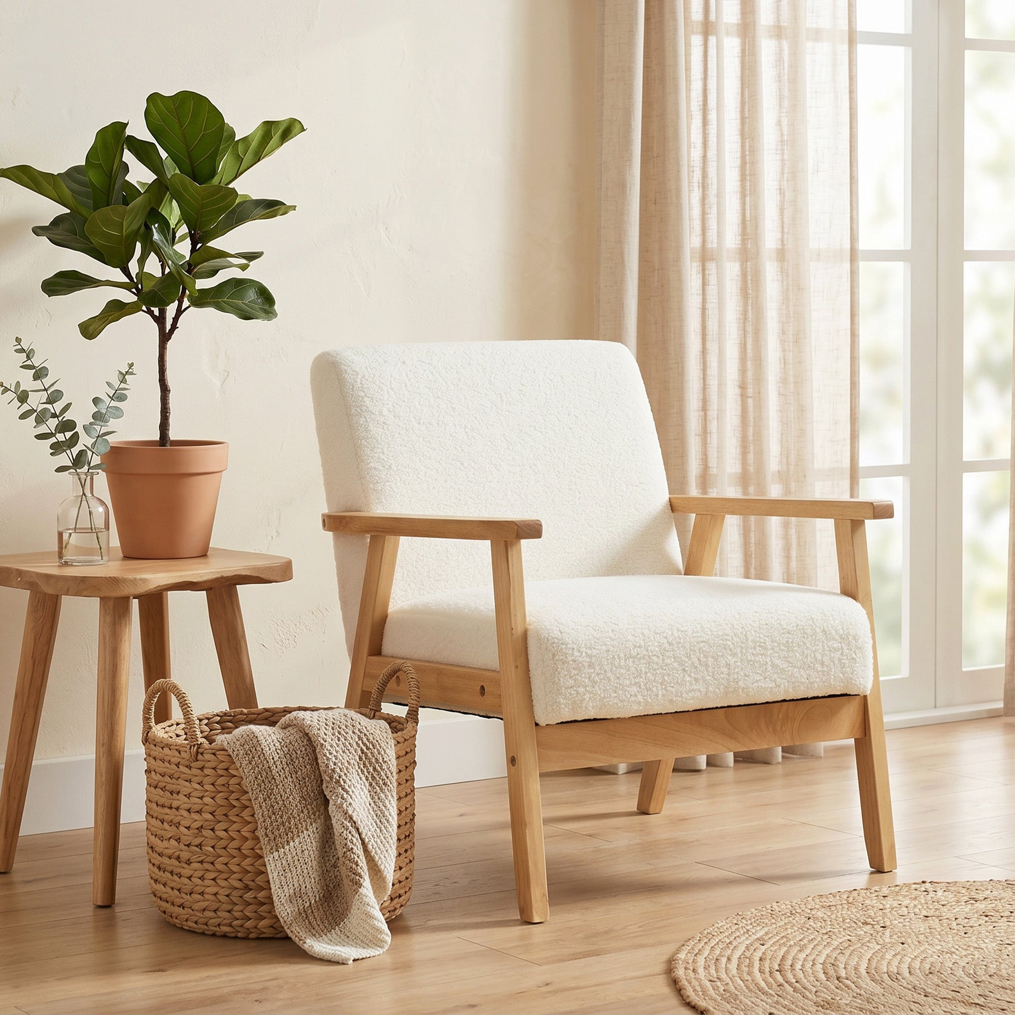 Modern Armchair, Sherpa Fleece Upholstered Accent Chair with Solid Wood Legs and Wide Seat, Cream White