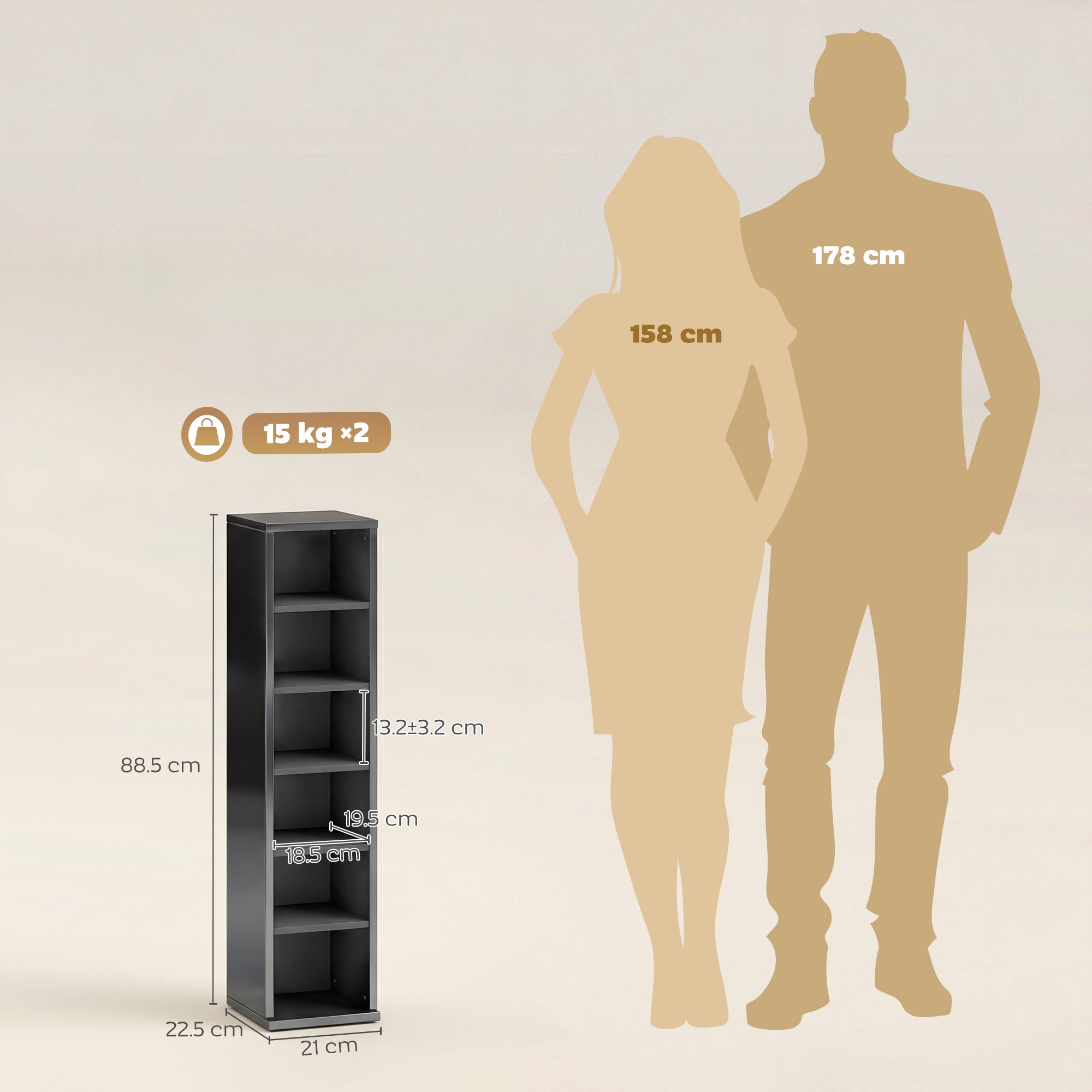 Set of 2 CD Media Display Shelf Unit Tower Rack with Adjustable Shelves, High Gloss Black