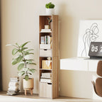 6-Tier Bookcase, Tall Narrow Bookshelf with Drawer and Door - Natural Wood Finish