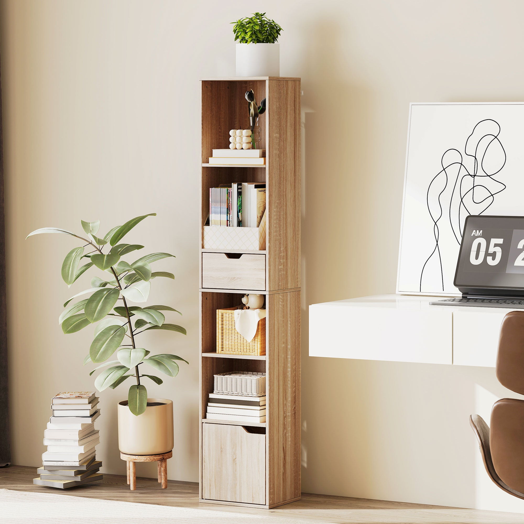 6-Tier Bookcase, Tall Narrow Bookshelf with Drawer and Door - Natural Wood Finish