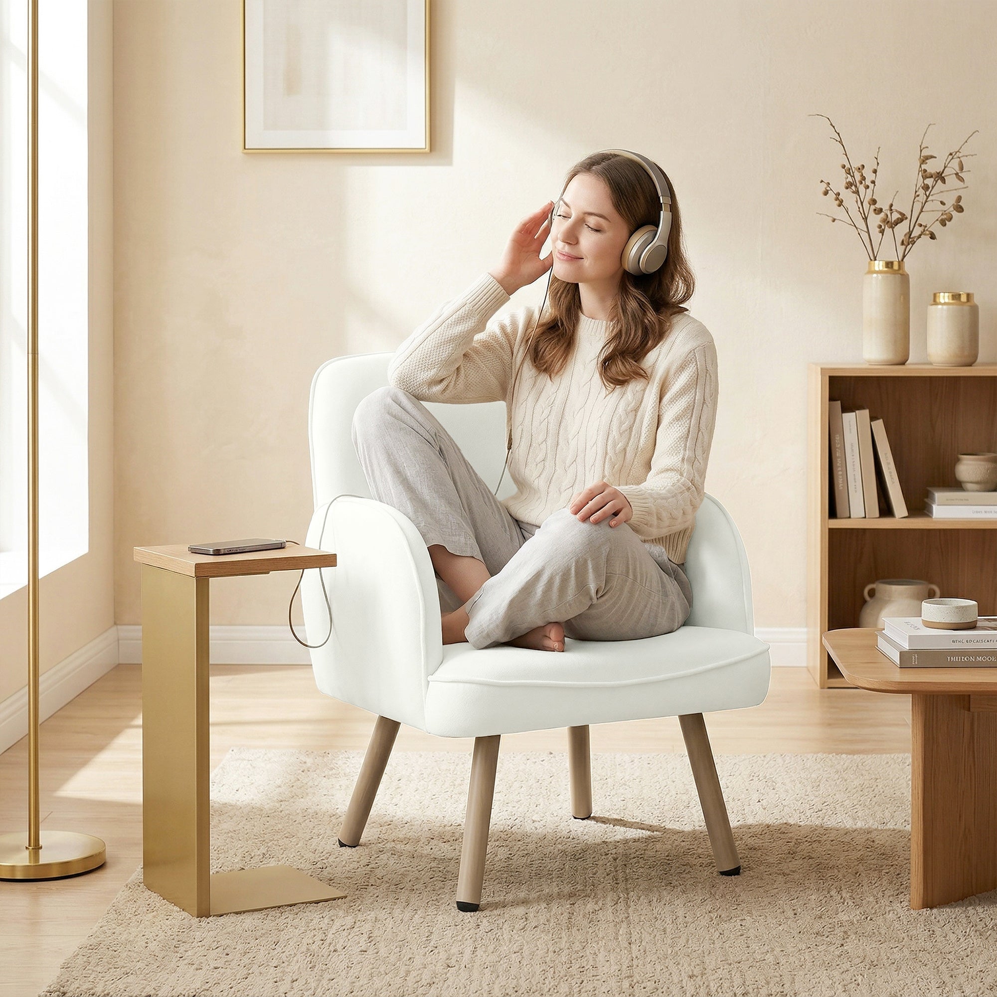 Lounge Chair Velvet Upholstered Armchair with Spring Cushion for Living Room Bedroom Cream White