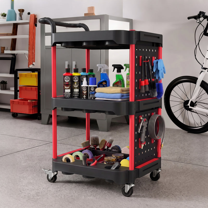 3-Tier Rolling Tool Trolley with Pegboard, Hooks & Brakes – Black/Red – image 9 of 9