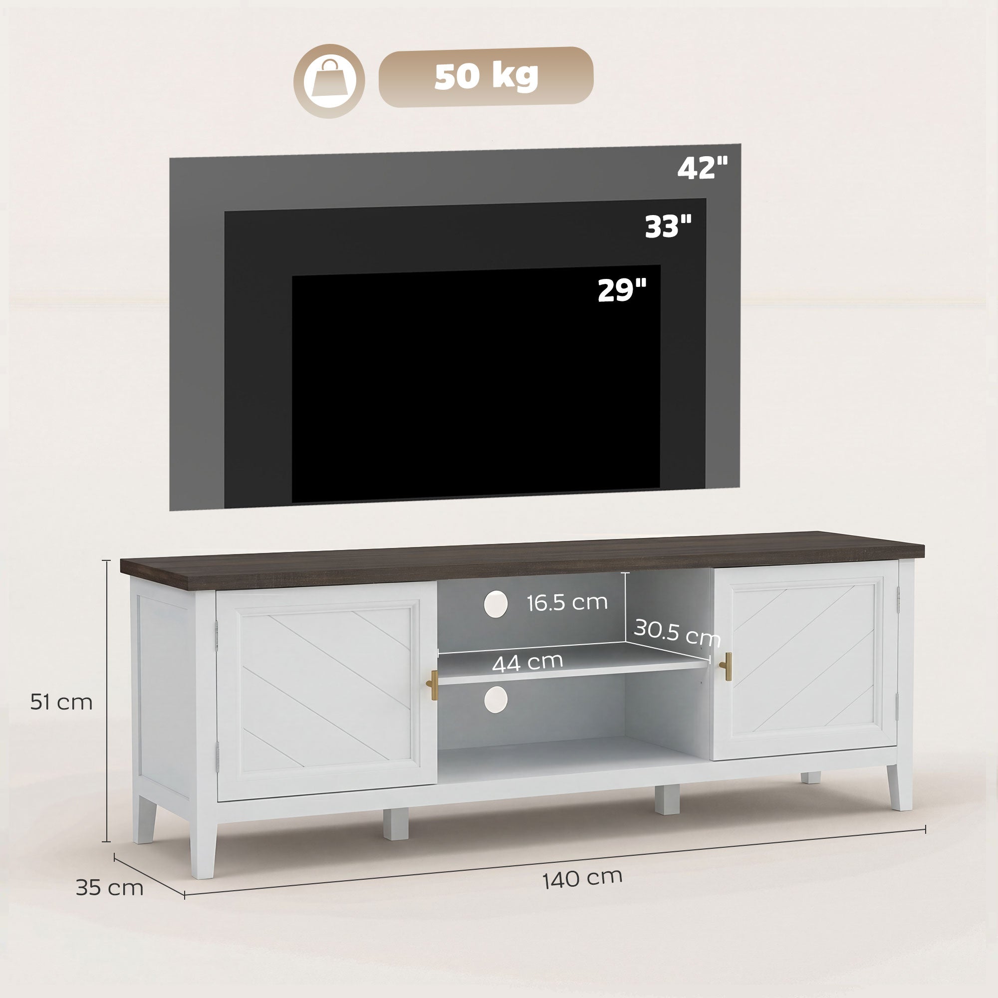 TV Unit for TVs up to 42 Inch, Farmhouse Entertainment Centre with 2 Open Shelves, 2 Cabinets and Thick Top