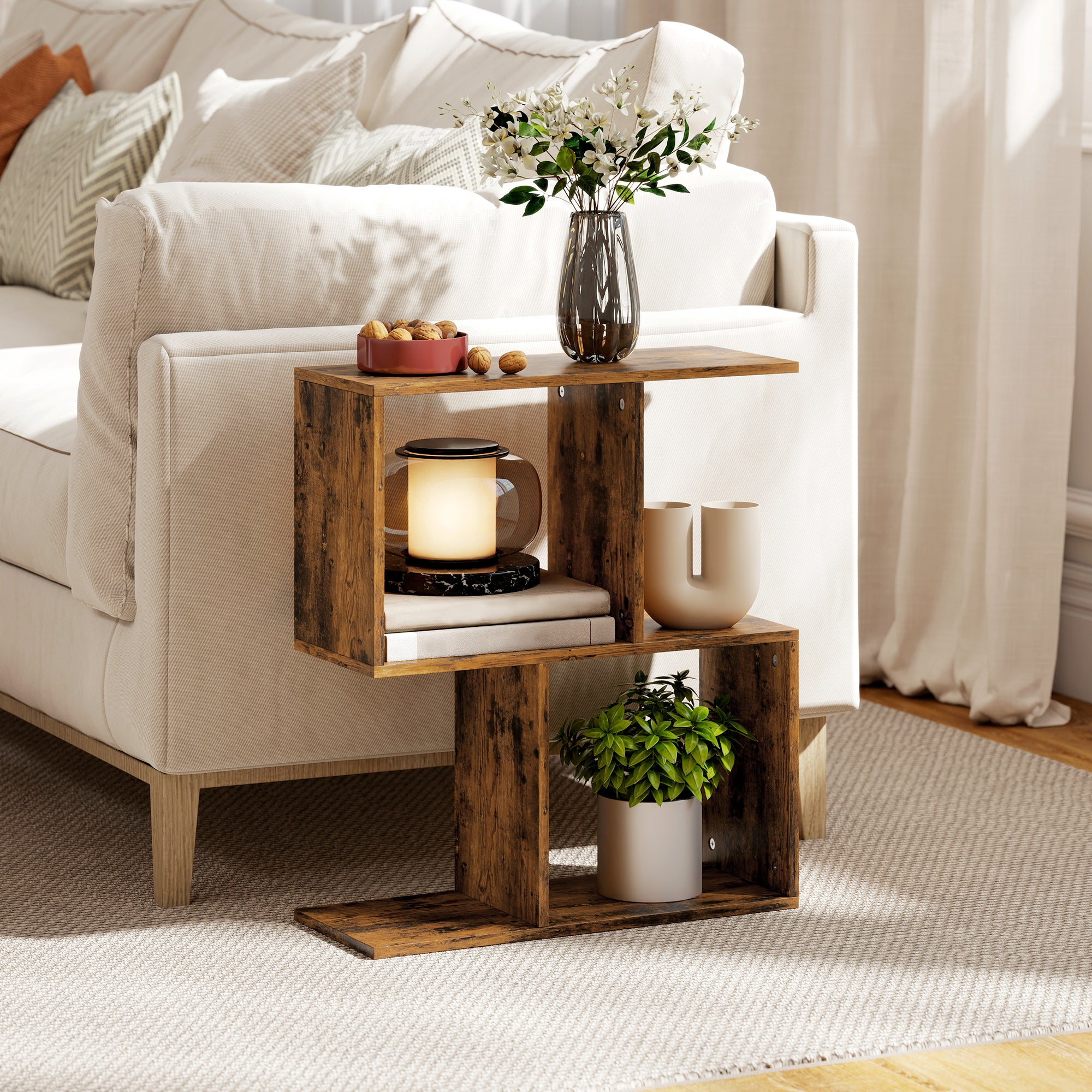 Side Table, Narrow End Table with Storage Shelves, S-Shaped, 3-Tier, 50W x 19.5D x 58H cm, Rustic Brown