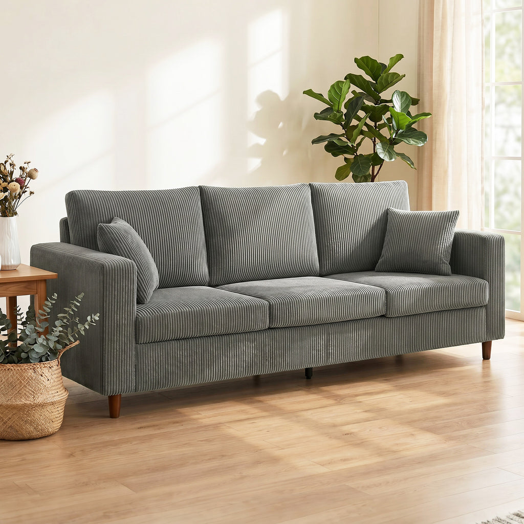 3 Seater Sofa with Wide Seat, Corduroy Fabric Couch with Deep Seat, Spring Cushion, Light Grey