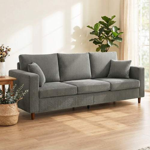 3 Seater Sofa with Wide Seat, Corduroy Fabric Couch with Deep Seat, Spring Cushion, Light Grey