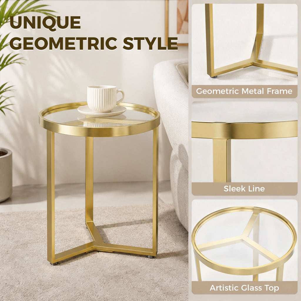 Round Side Table with Tempered Glass Top and Geometric Metal Frame for Small Space, Gold Tone