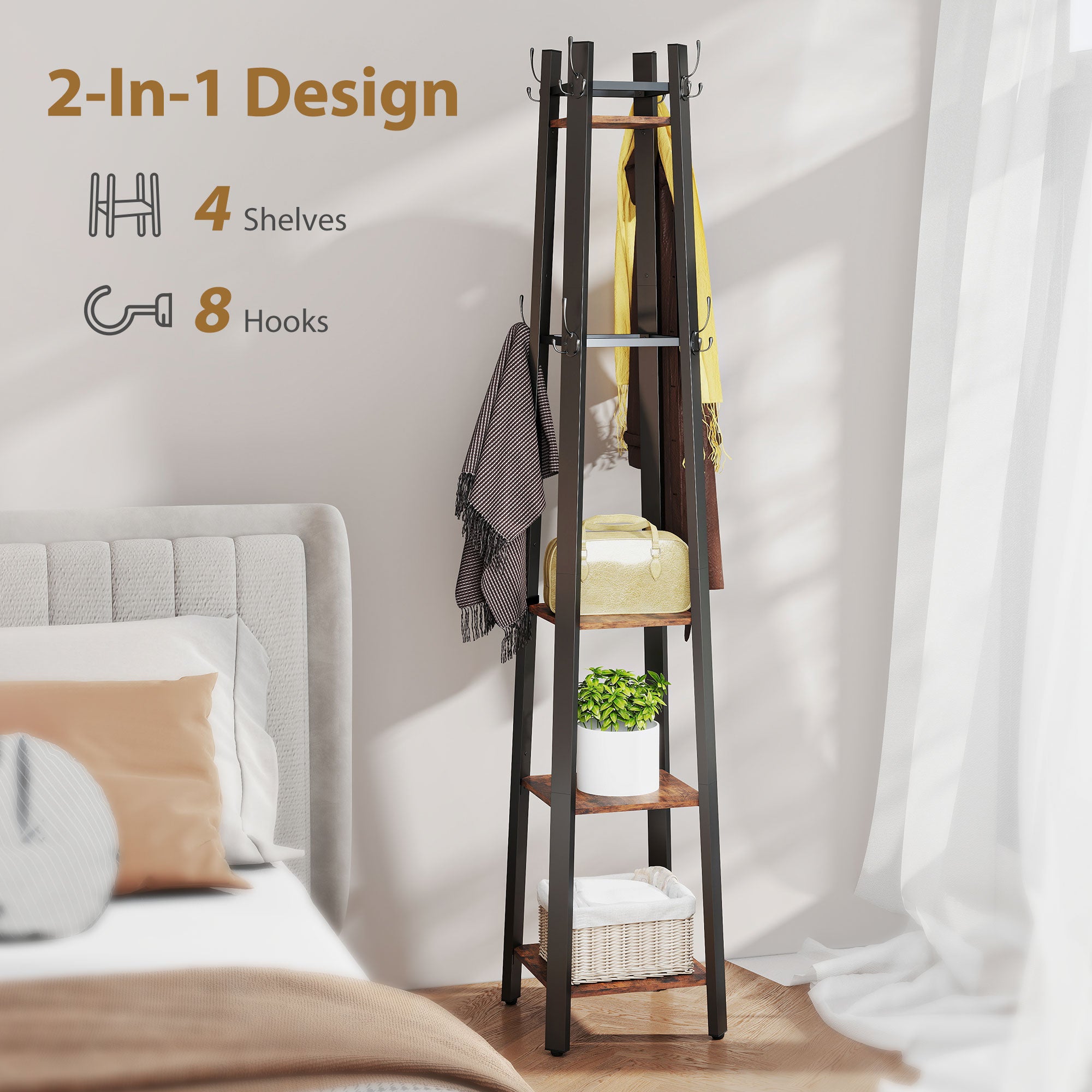Industrial-Style Four Shelf Coat Stand - Brown/Black