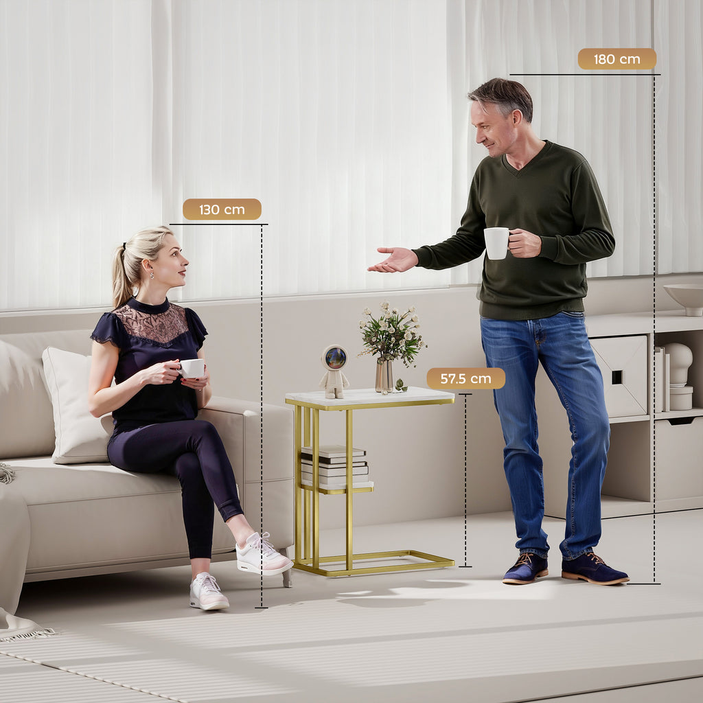 C-Shaped Narrow Side Table, 2-Tier Slim End Table, Nightstand for Small Spaces, Living Room, Bedroom, White Marble Grain