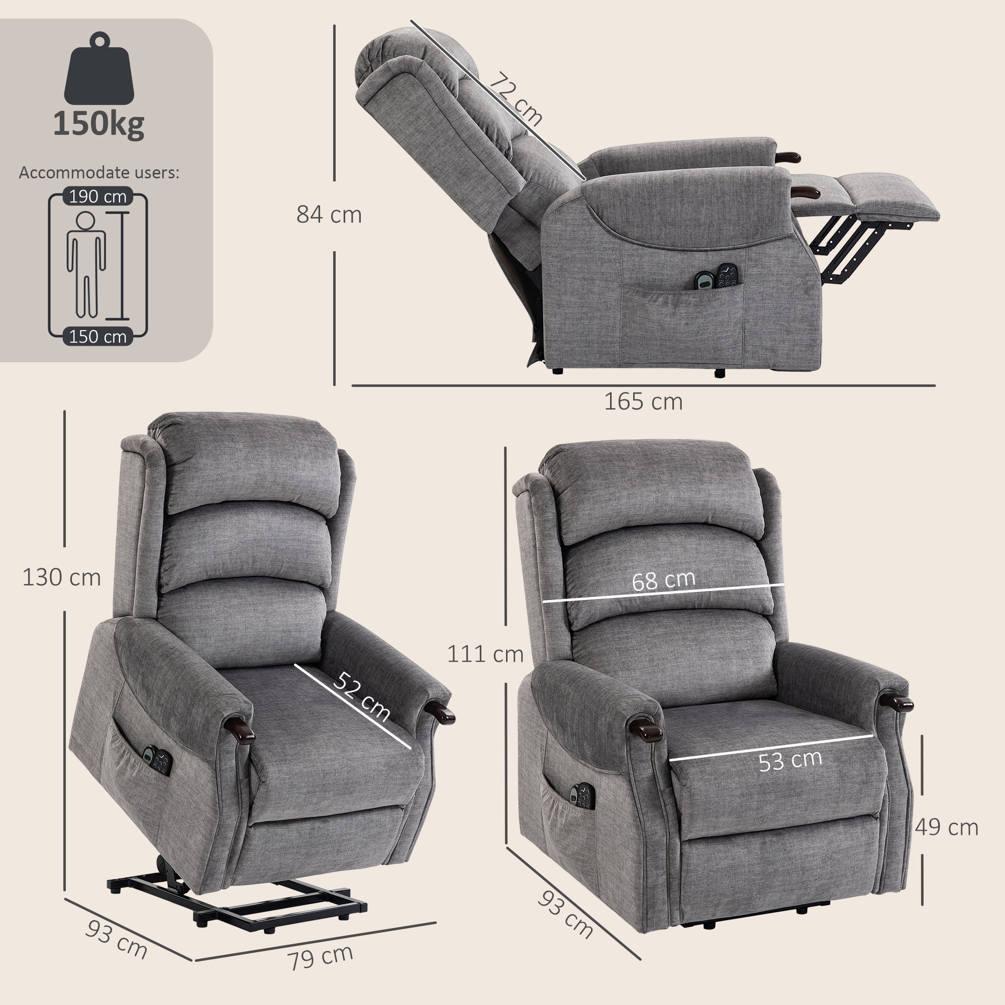 Power Lift Recliner with Vibration Massage and Heat, Lift Chair for Tall with Wood Grip, Pocket Spring, Light Grey