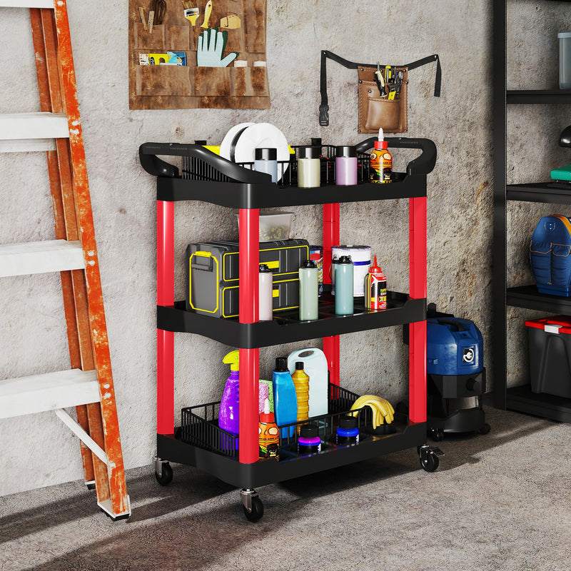3-Tier Rolling Tool Trolley with Handles, 91kg Capacity – Black/Red – image 2 of 9