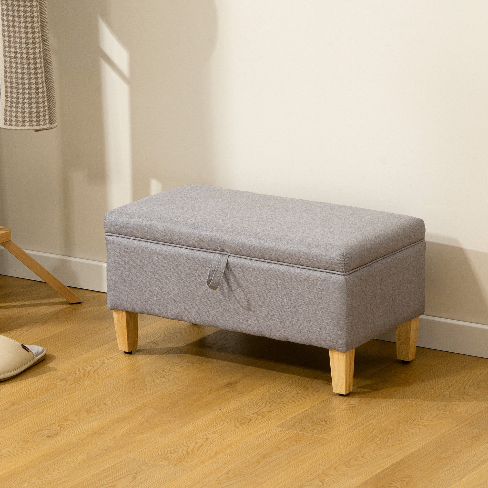 30L Linen Storage Ottoman Padded Footstool with Rubberwood Legs for Storage Box, Bed End, Shoe Bench, Seating, Light Grey