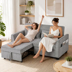 2 Seater Sofa Bed, 4-in-1 L-Shaped Convertible Pull-Out Sleeper Sofa with Adjustable Backrest and Side Pockets, Grey