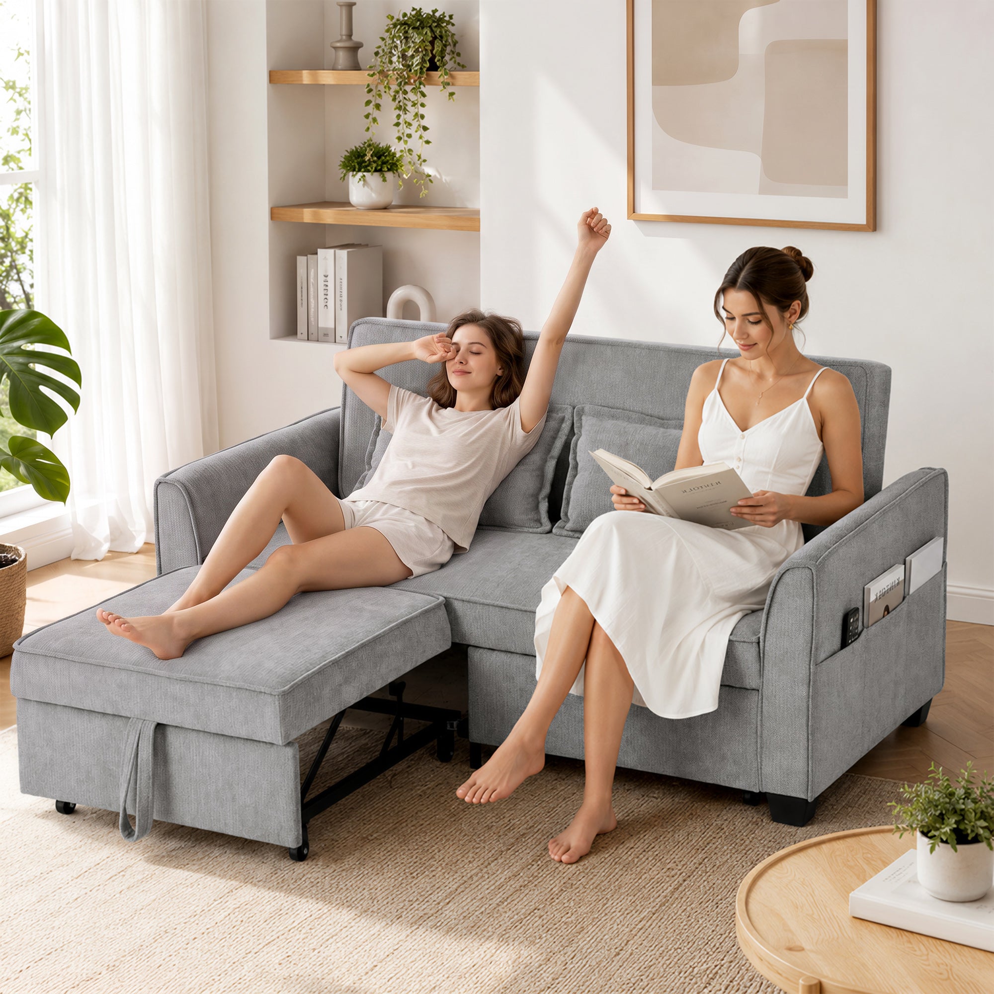2 Seater Sofa Bed, 4-in-1 L-Shaped Convertible Pull-Out Sleeper Sofa with Adjustable Backrest and Side Pockets, Grey