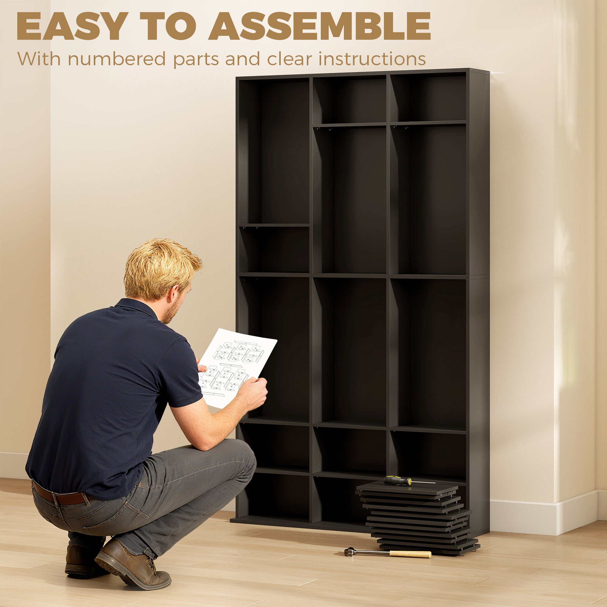 835 CD/500 DVD Storage Unit, Blu-ray Media Storage Shelf with 27 Compartments and 21 Adjustable Shelves, Black