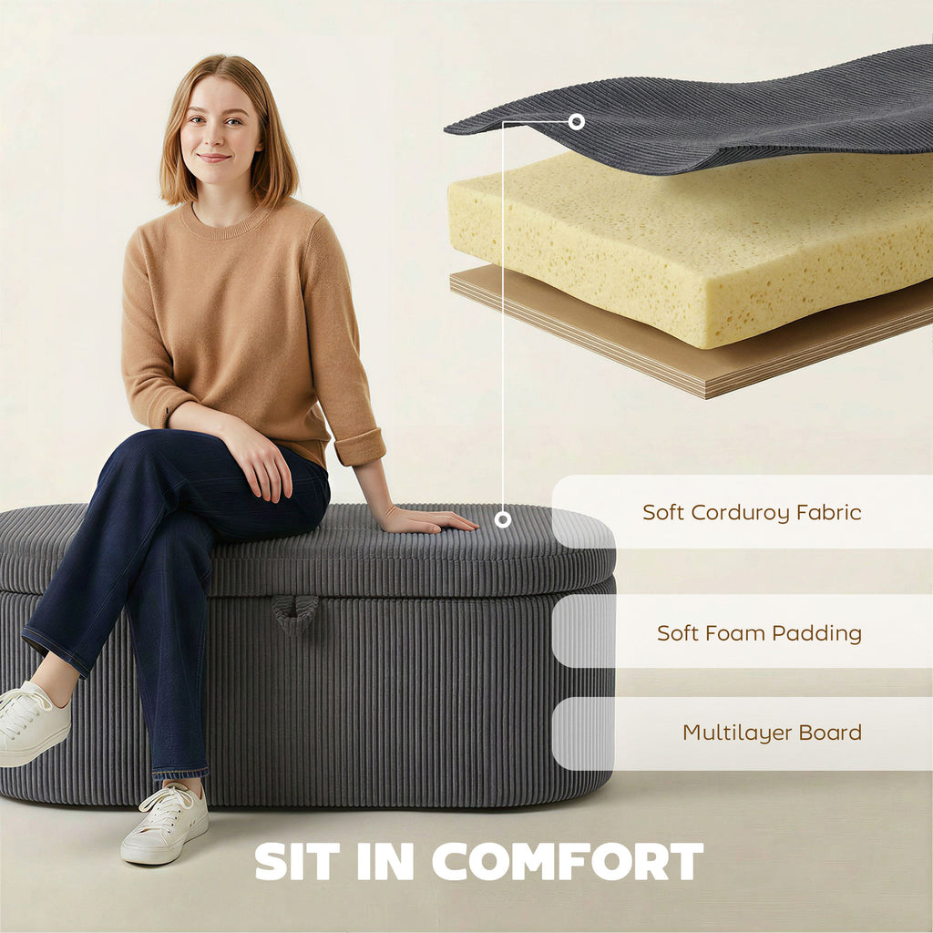 Storage Ottoman, Corduroy Upholstered Ottoman Storage Box with Padded Seat, 105 x 51 x 49 cm, Dark Grey