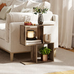 Side Table, Narrow End Table with Storage Shelves, S-Shaped, 3-Tier, 50W x 19.5D x 58H cm, Oak