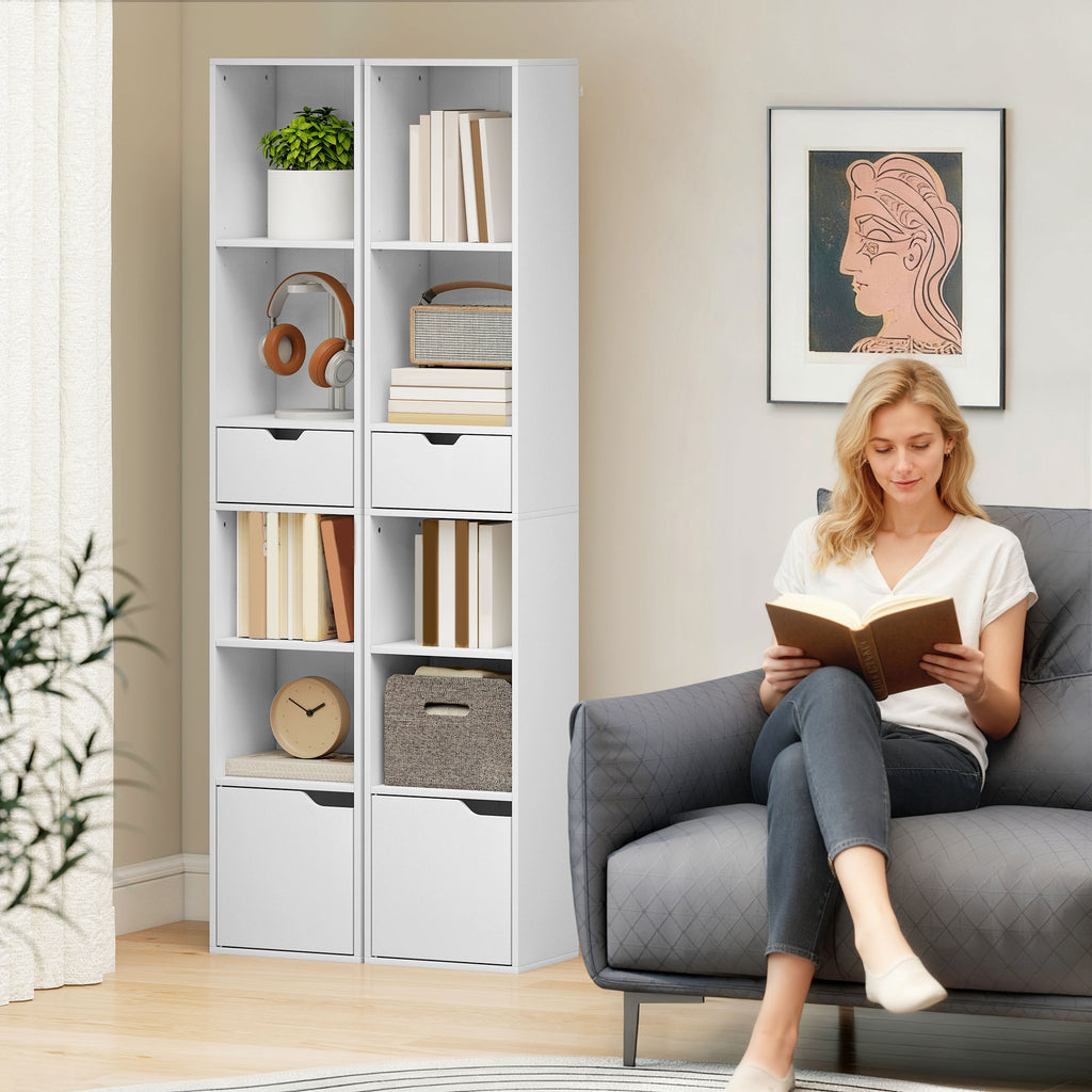6-Tier Bookcase, Tall Narrow Bookshelf with Drawer and Door - White