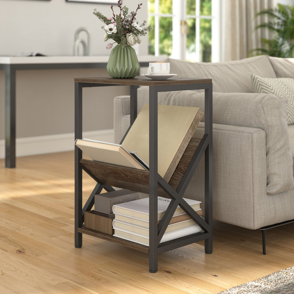 Narrow Side Table, End Table with 3-Tier Storage, V-Shaped Magazine Holder for Living Room, Bedroom, 40 x 30 x 61cm, Oak