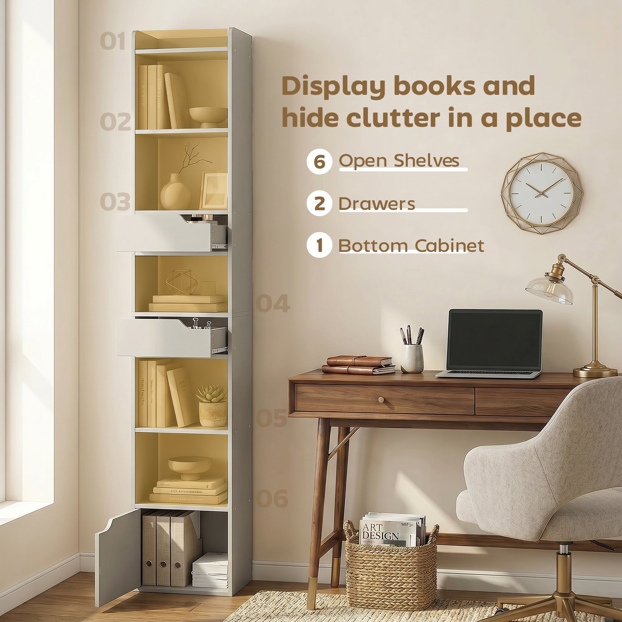 Bookcase Tall Narrow with 5 Tiers and Drawers Freestanding Bookshelf Storage Cabinet for Living Room Grey