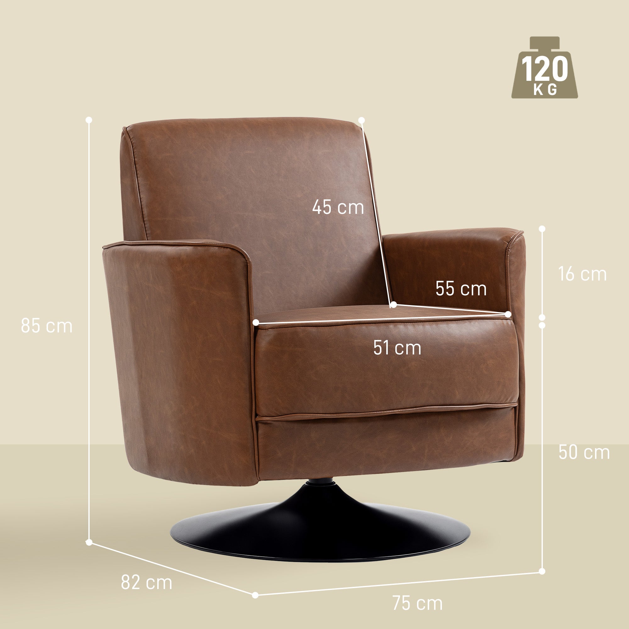 Upholstered Swivel Accent Chair with Pocket Spring Seat Support and 20cm Thick Padding, Brown