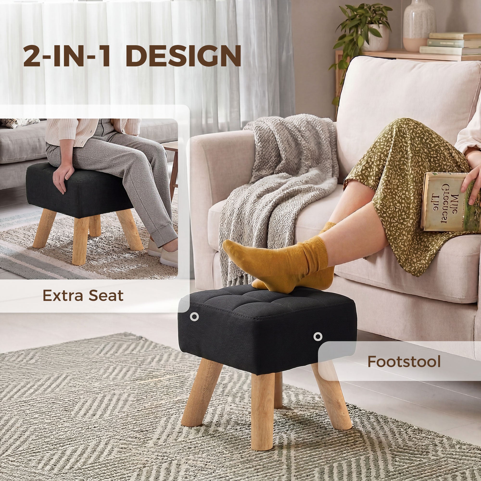 Linen-Look Square Padded Footstool - Black