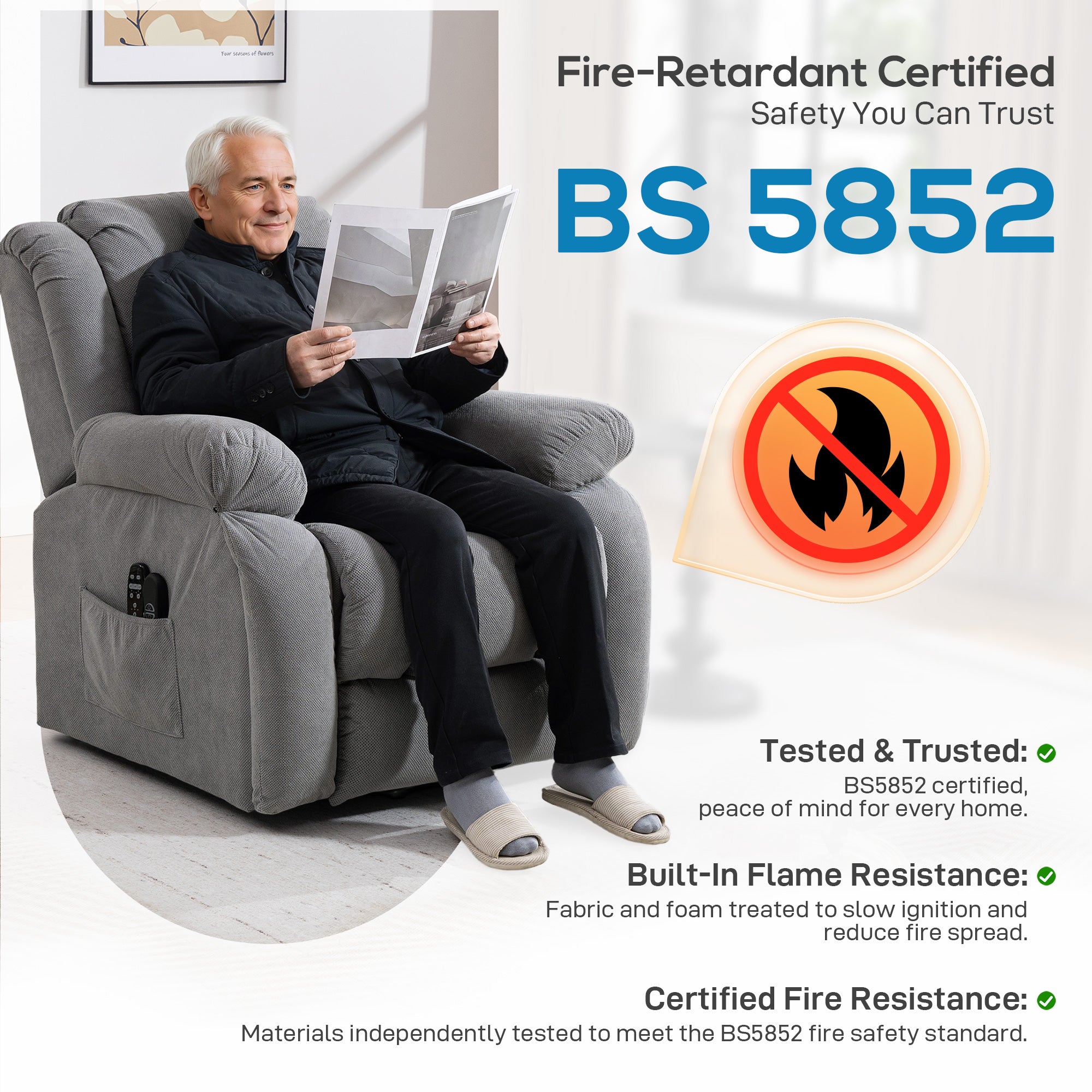 Recliner Armchair Lift Chair, Electric Recliner Chair with Vibration Massage and Heat, Wide Seat, USB Port, Light Grey