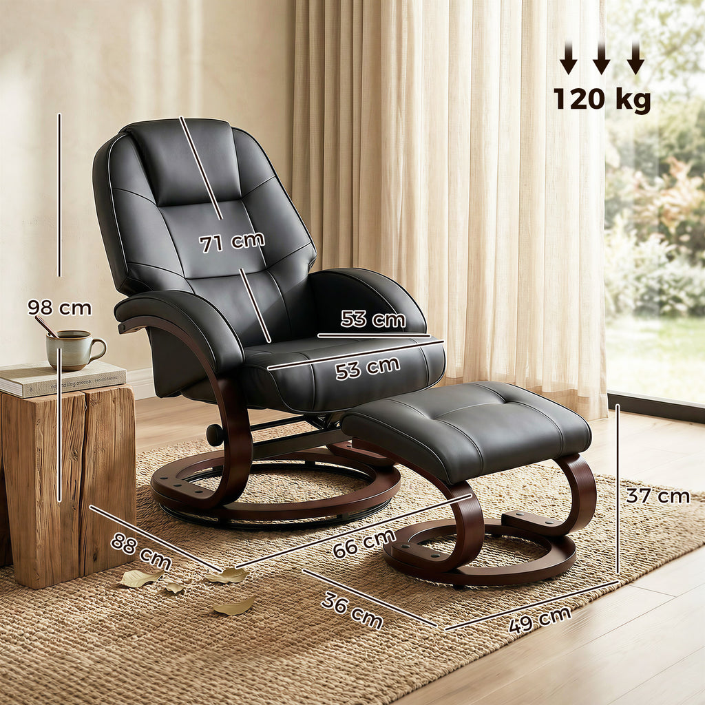 Swivel Recliner Chair with Footstool, PU Leather Recliner Armchair with Adjustable Back and Wood Frame, Black