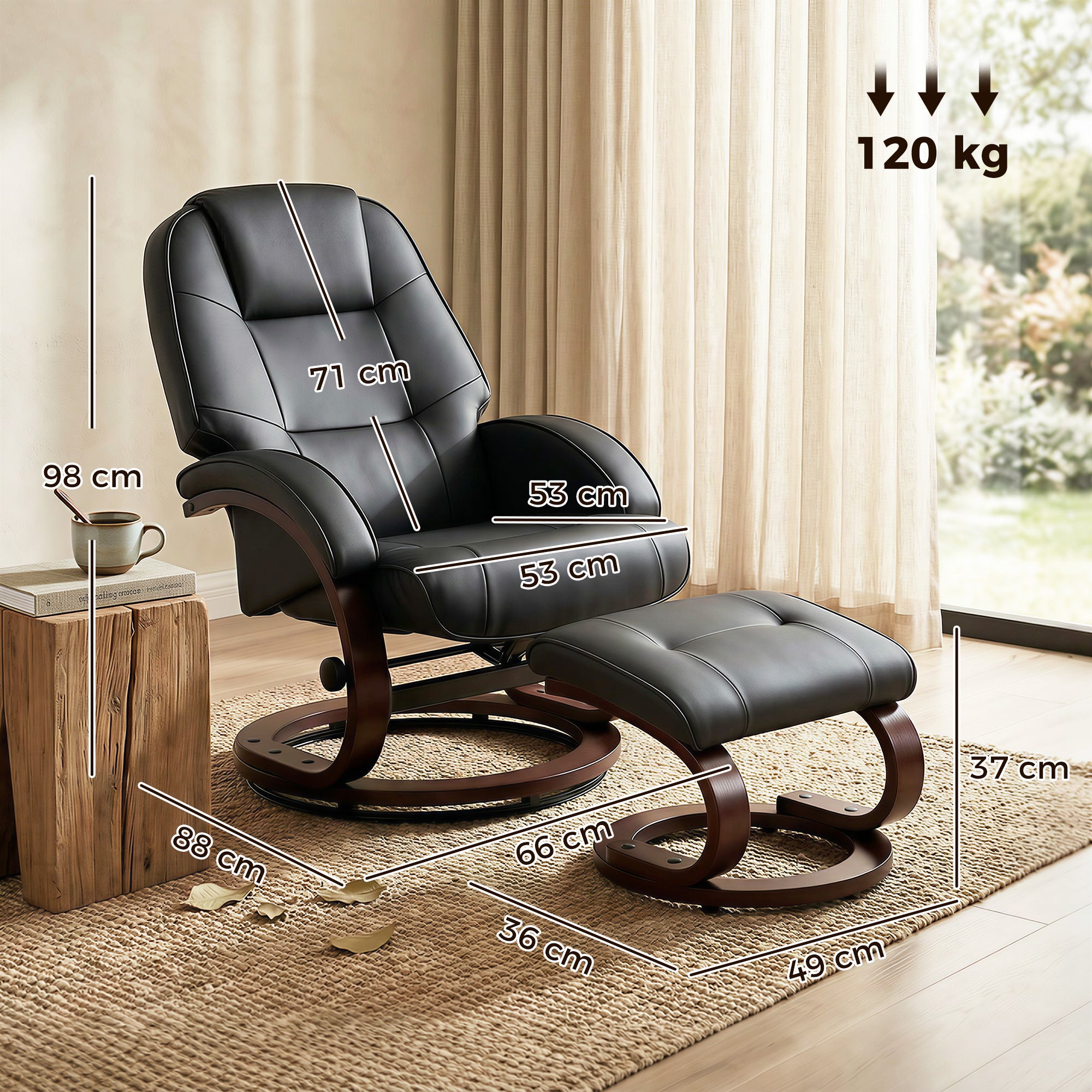 Swivel Recliner Chair with Footstool, PU Leather Recliner Armchair with Adjustable Back and Wood Frame, Black