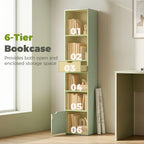 6-Tier Bookcase, Tall Narrow Bookshelf with Drawer and Door - Green