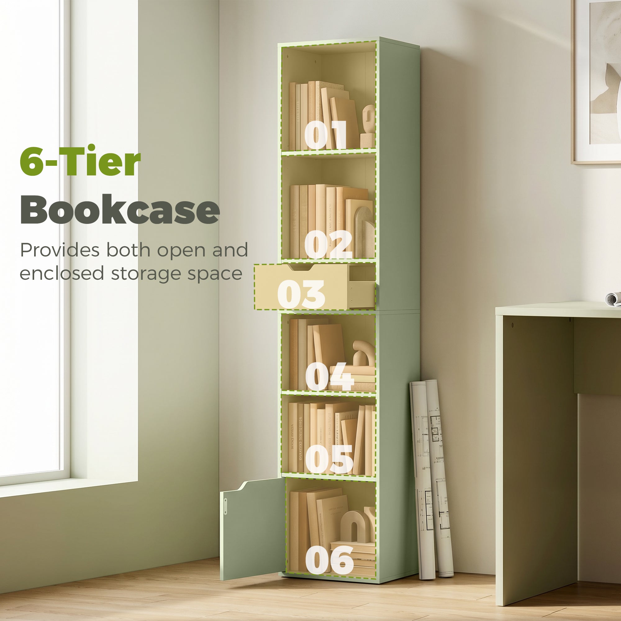 6-Tier Bookcase, Tall Narrow Bookshelf with Drawer and Door - Green