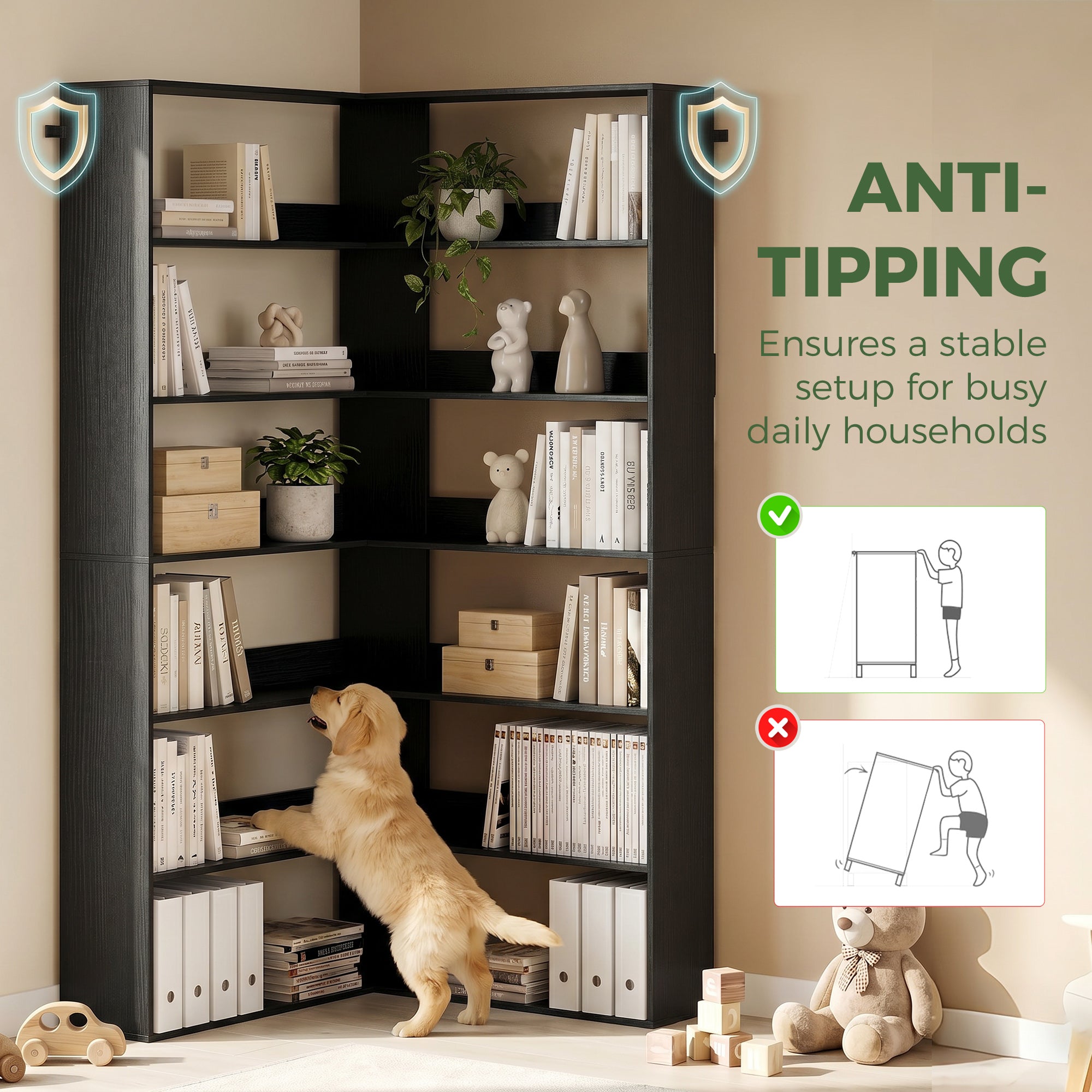 7 Tiers Bookshelf, L-Shaped Corner Bookcase with Anti-Slip Rear Guard, Black Wood Effect