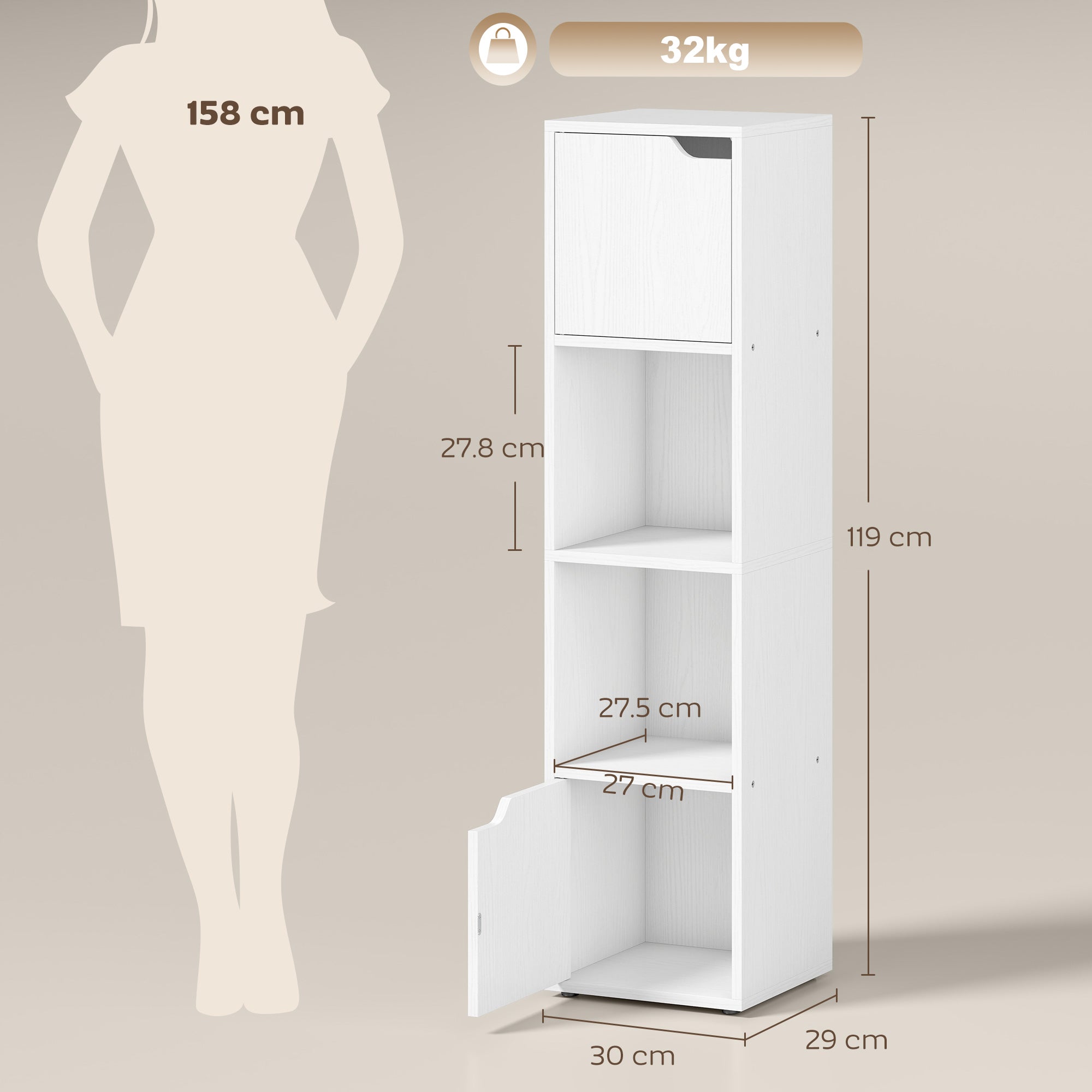 Narrow Bookcase, 4-Tier Bookshelf, Storage Cabinet with doors for Living Room, Bedroom, White