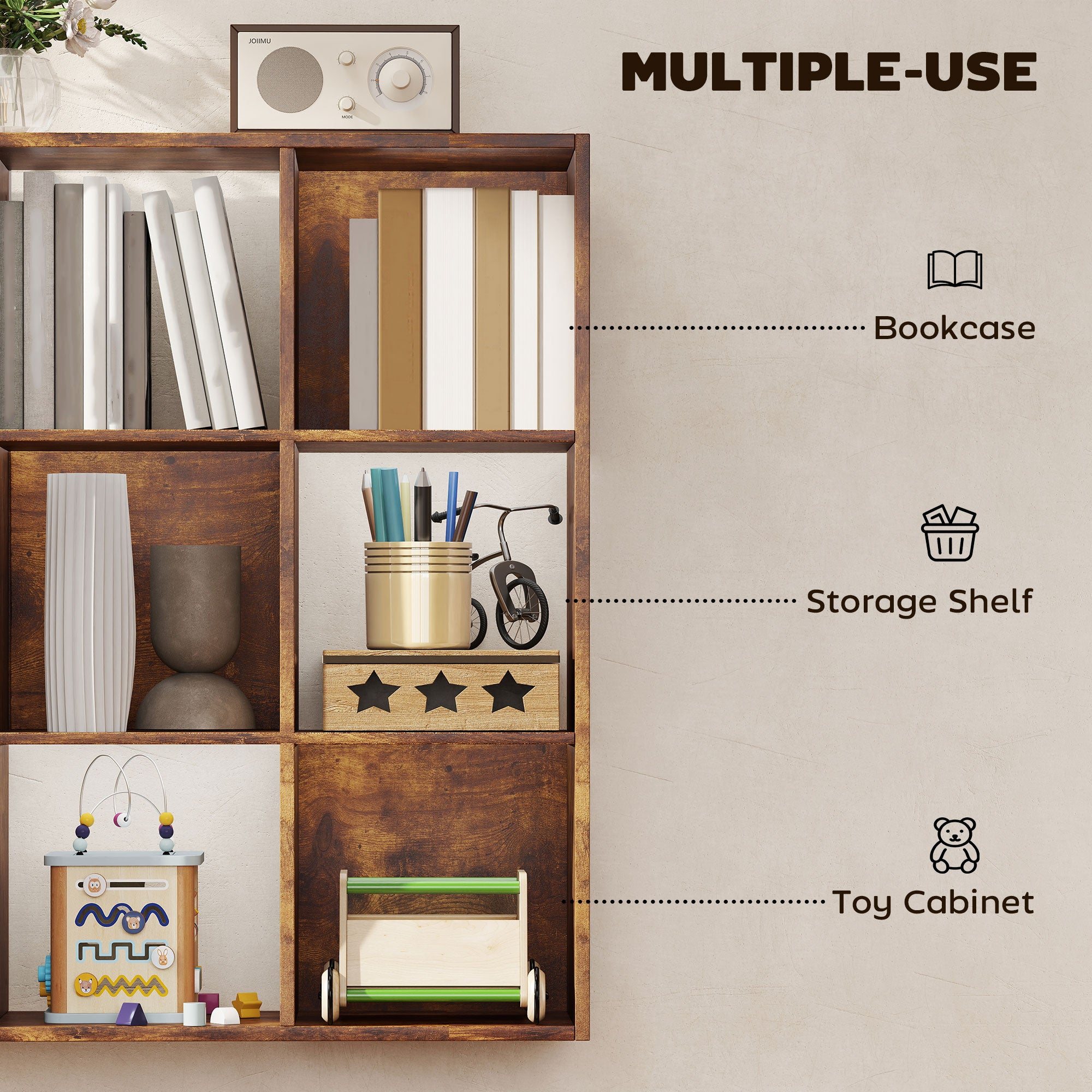 3-tier 9 Cubes Storage Unit Particle Board Cupboard Bookcase Organiser Home Office Shelves, Rustic Brown