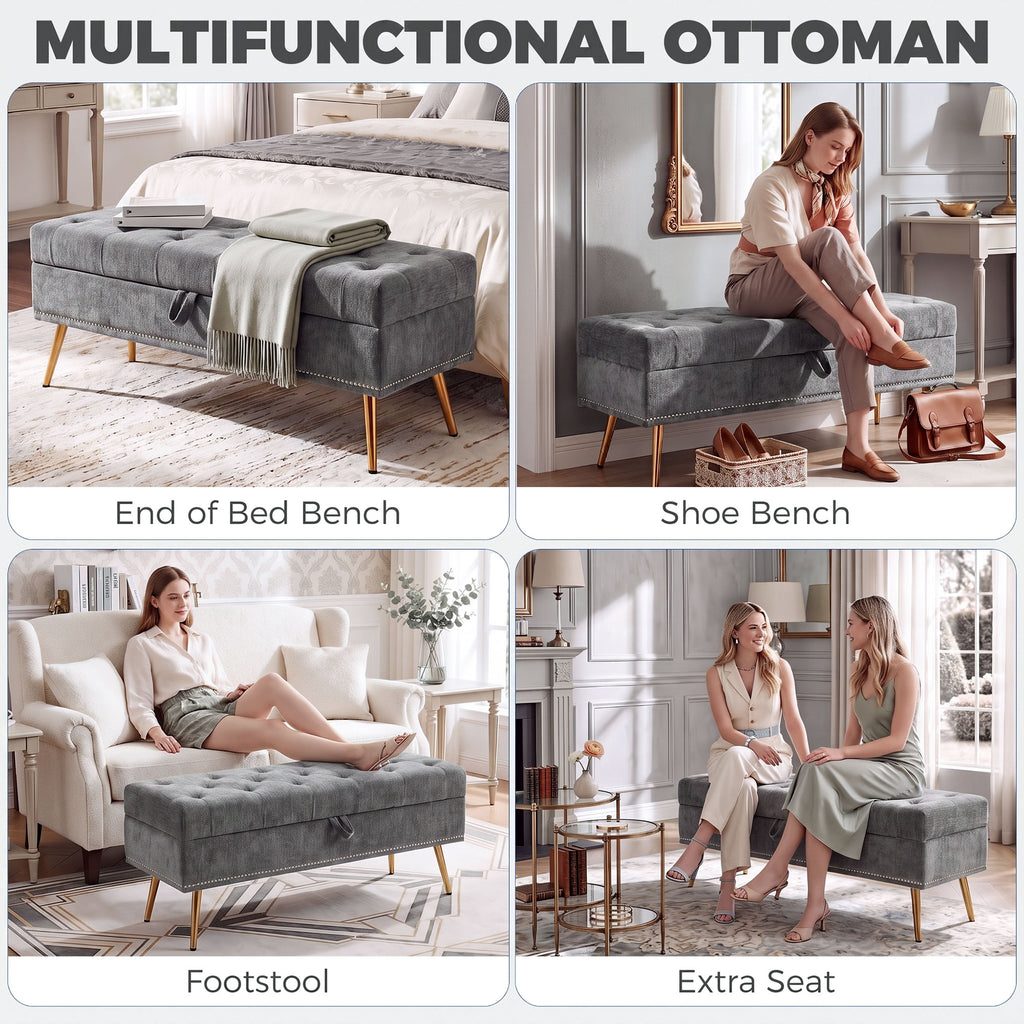 Storage Ottoman, Chenille Upholstered Ottoman Storage Box with Padded Seat, Metal Legs, 114 x 41 x 45 cm, Grey