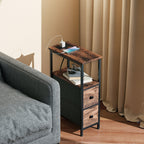 Side Table, Narrow Bedside Table with Charging Station, 2 Drawers, AC Outlet and 2 USB Ports for Living Room, Bedroom