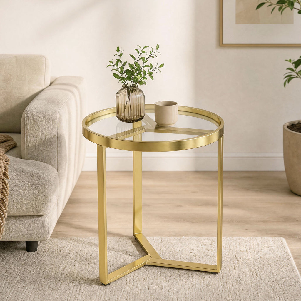 Round Side Table with Tempered Glass Top and Geometric Metal Frame for Small Space, Gold Tone