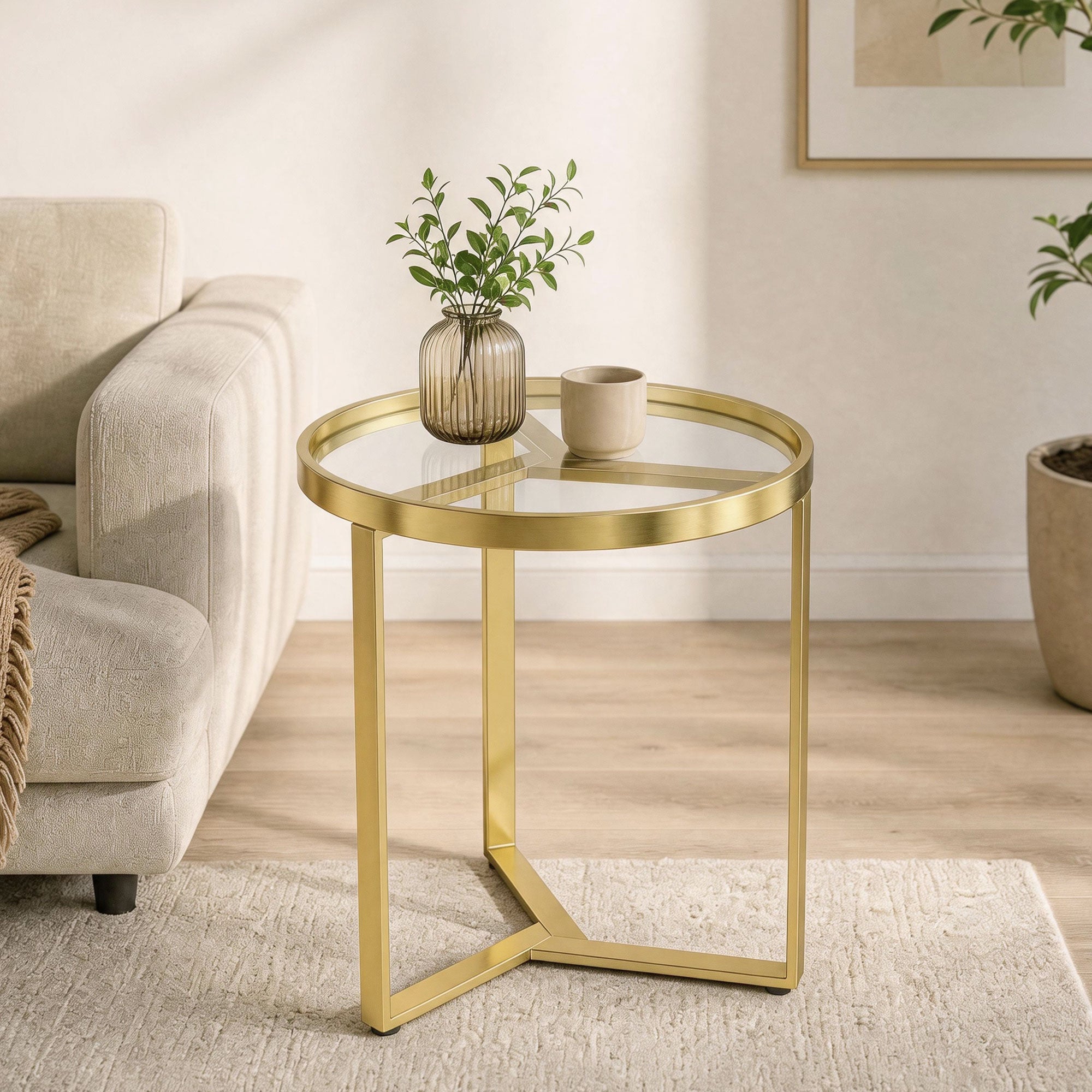 Round Side Table with Tempered Glass Top and Geometric Metal Frame for Small Space, Gold Tone