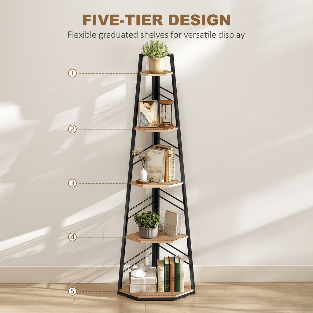 Corner Bookcase, 5-Tier Floor Standing Bookshelf, Shelving Unit for Living Room, Study, Bedroom, Natural Wood Finish