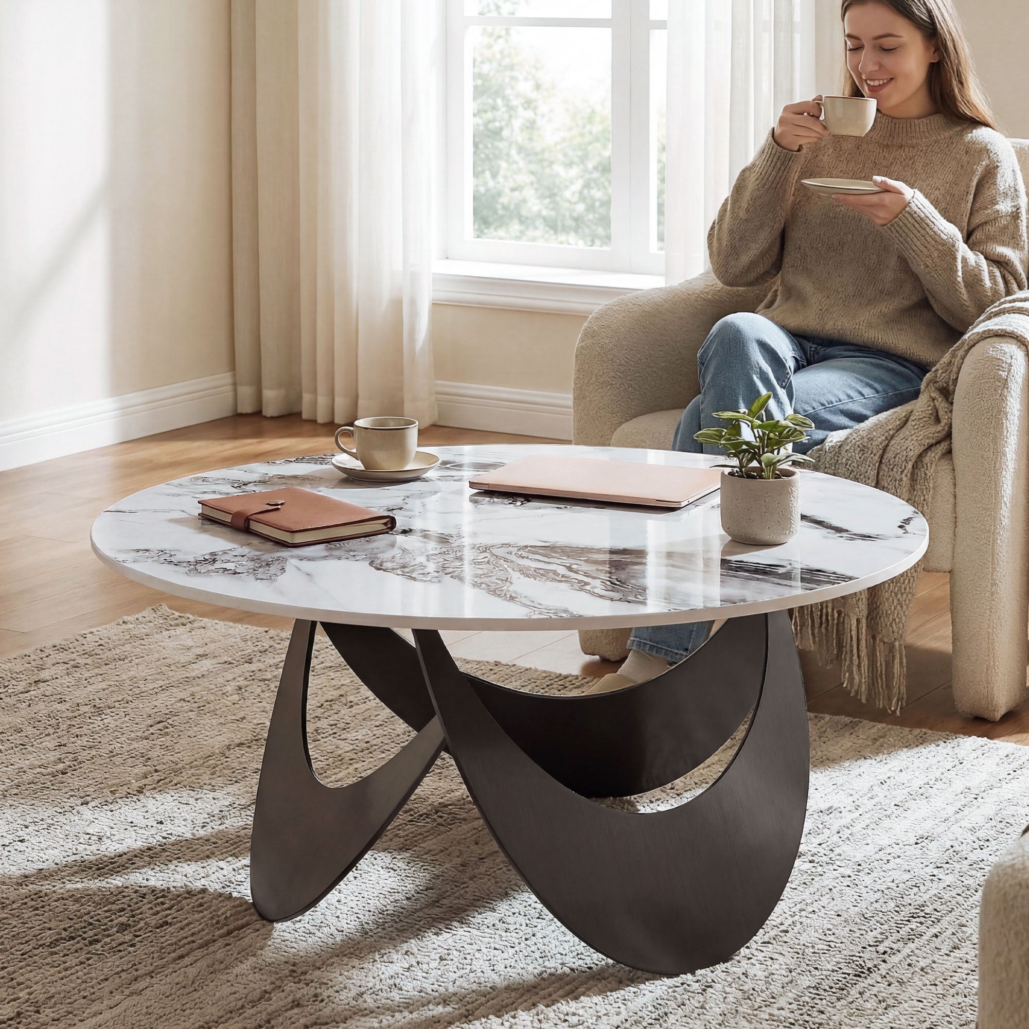 Coffee Table Sintered Stone Top Adjustable Foot Pads Modern Centre Table for Living Room White and Black