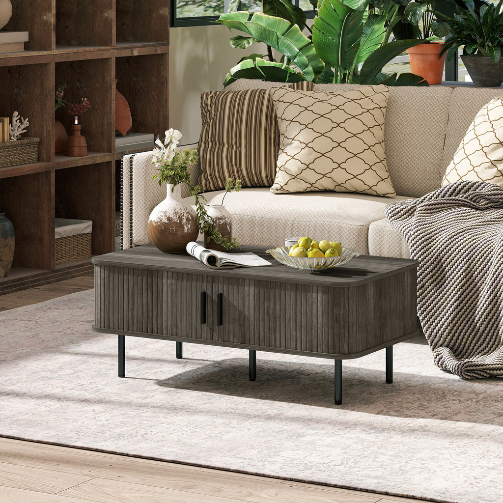 Coffee Table with Storage, Living Room Table with Slatted Tambour Sliding Doors and Adjustable Foot Pads, Rectangular Coffee Table with Elevated Base for Living Room, Grey Wood-Effect
