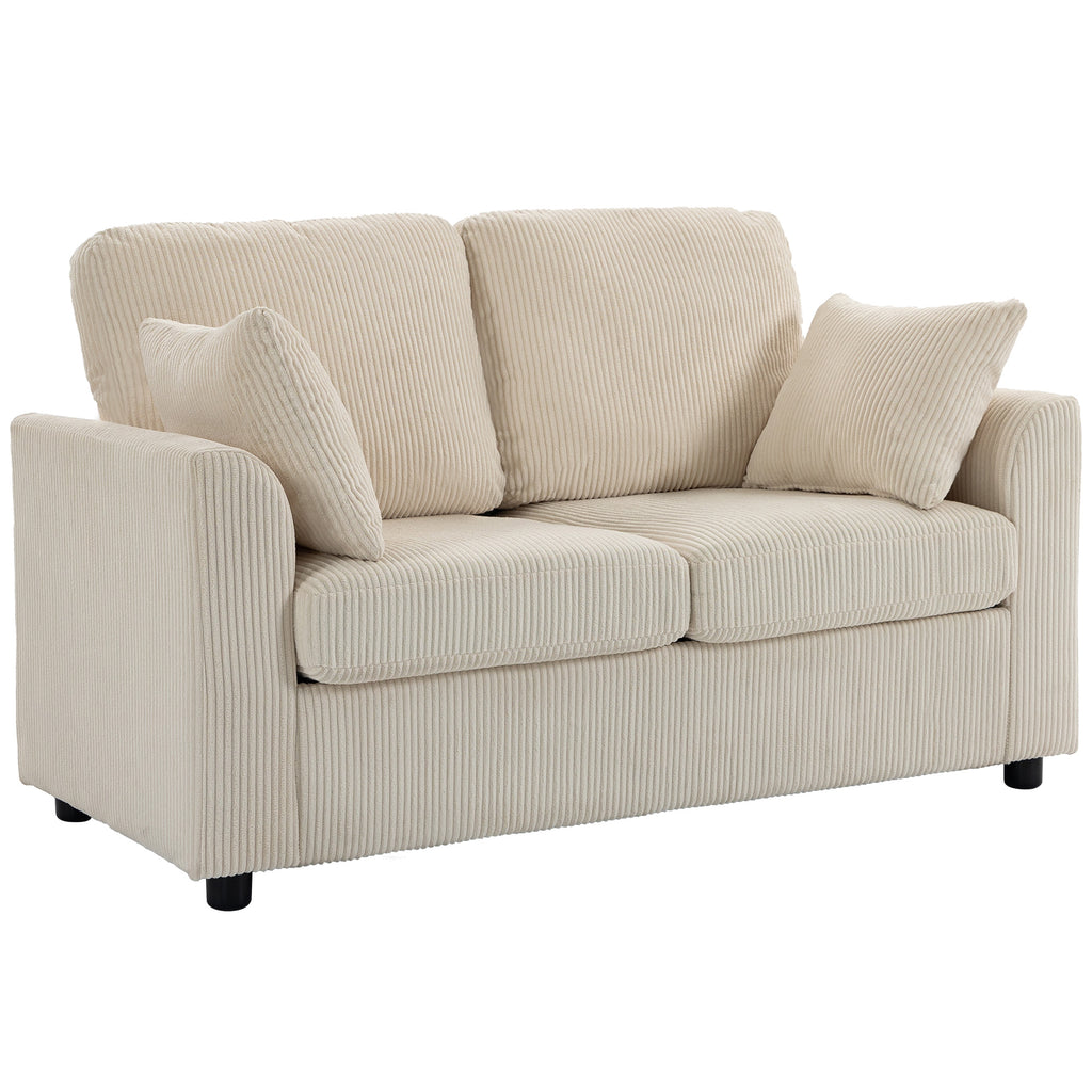 2 Seater Sofa, Corduroy Small Couch with Spring Cushion, Wide and Deep Seat, Beige
