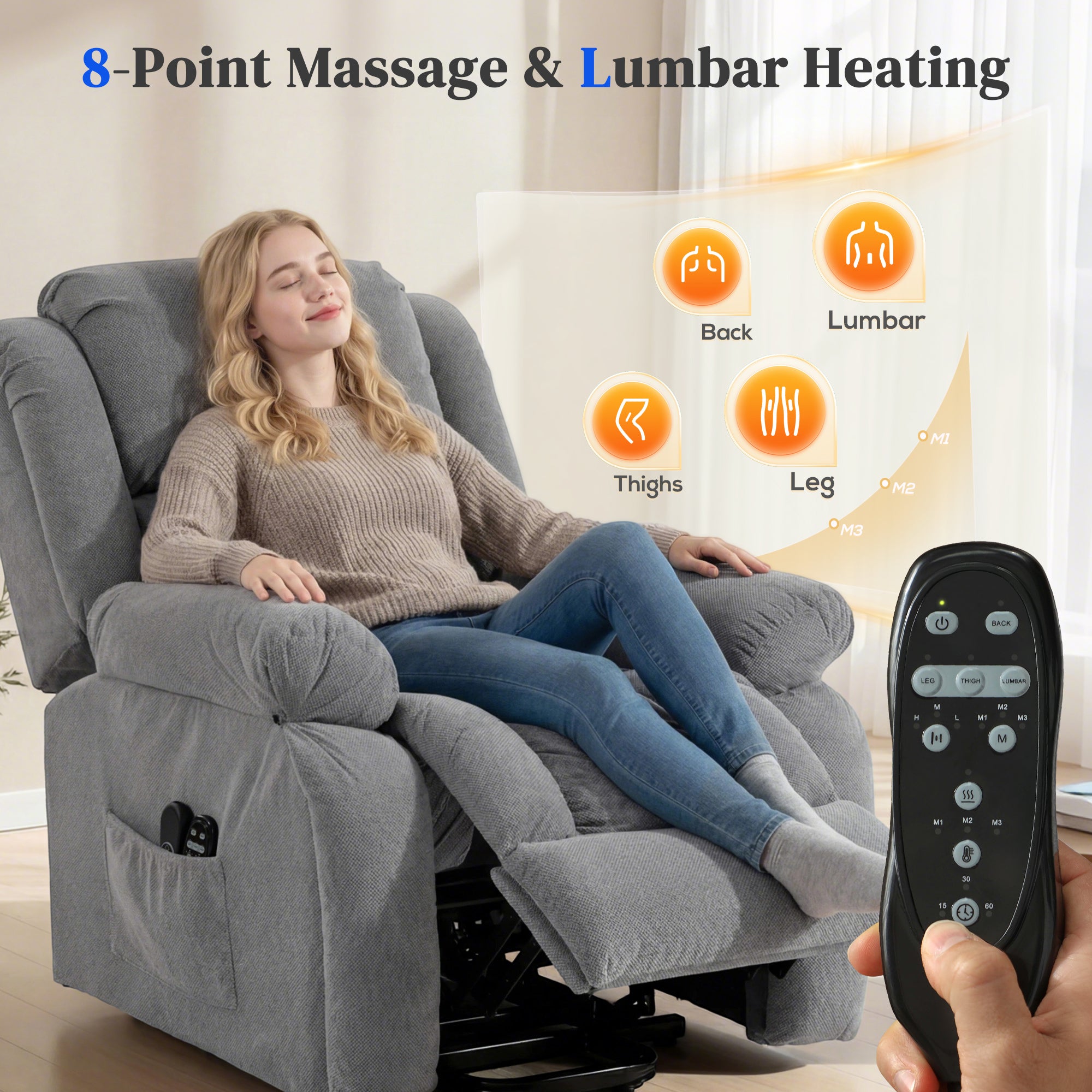 Recliner Armchair Lift Chair, Electric Recliner Chair with Vibration Massage and Heat, Wide Seat, USB Port, Light Grey
