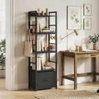 4-Tier Bookshelf, Narrow Bookcase with Drawer, 8 Hooks, Metal Frame, Black